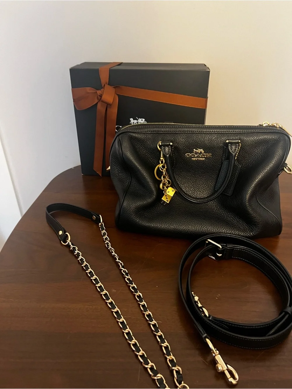 Authentic Coach Black Pebbled Leather Large Rowan Satchel with Gold Accents